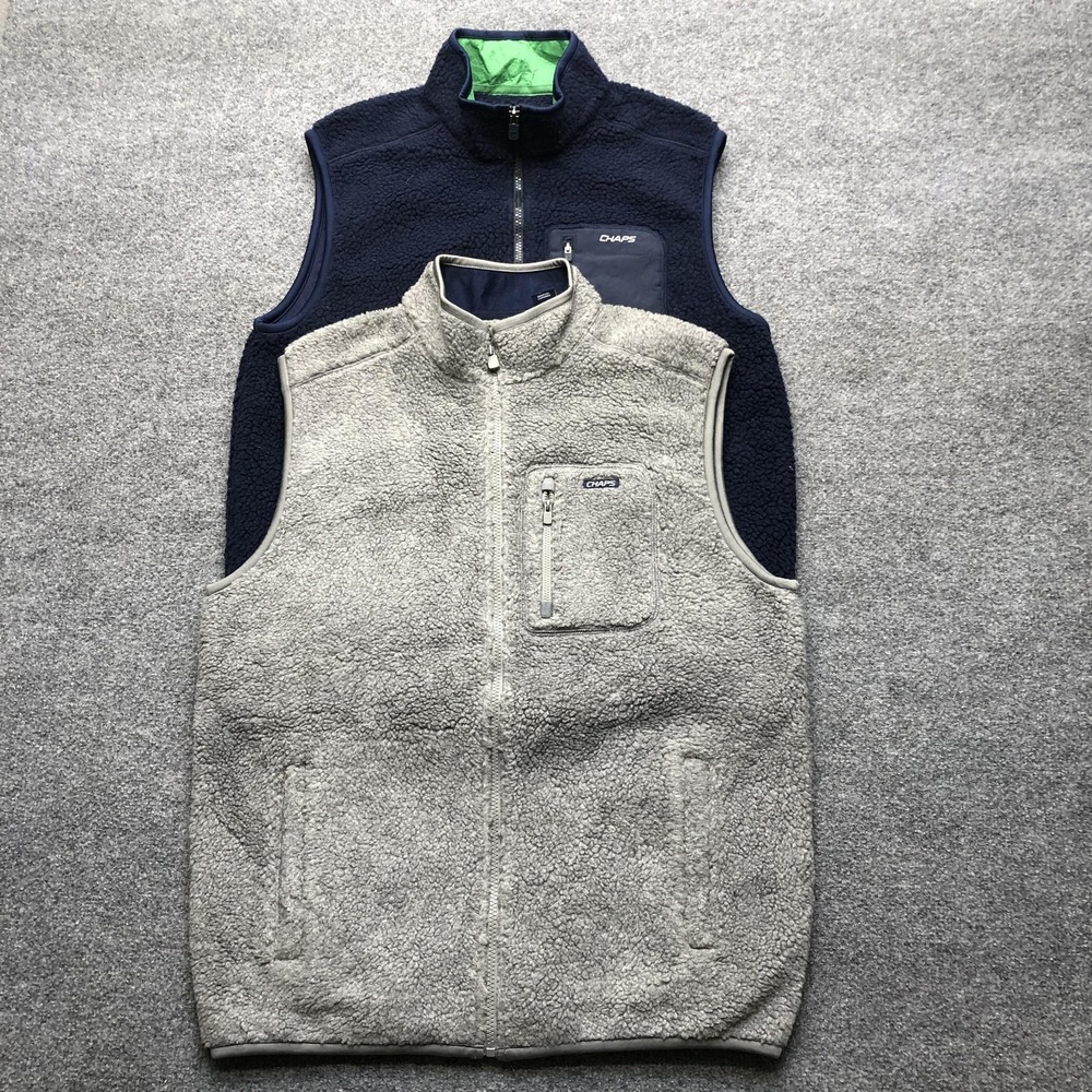 Chaps Sport Vests Mens Medium Blue Gray Sherpa Fleece Full Zip 2 Pack Outdoor